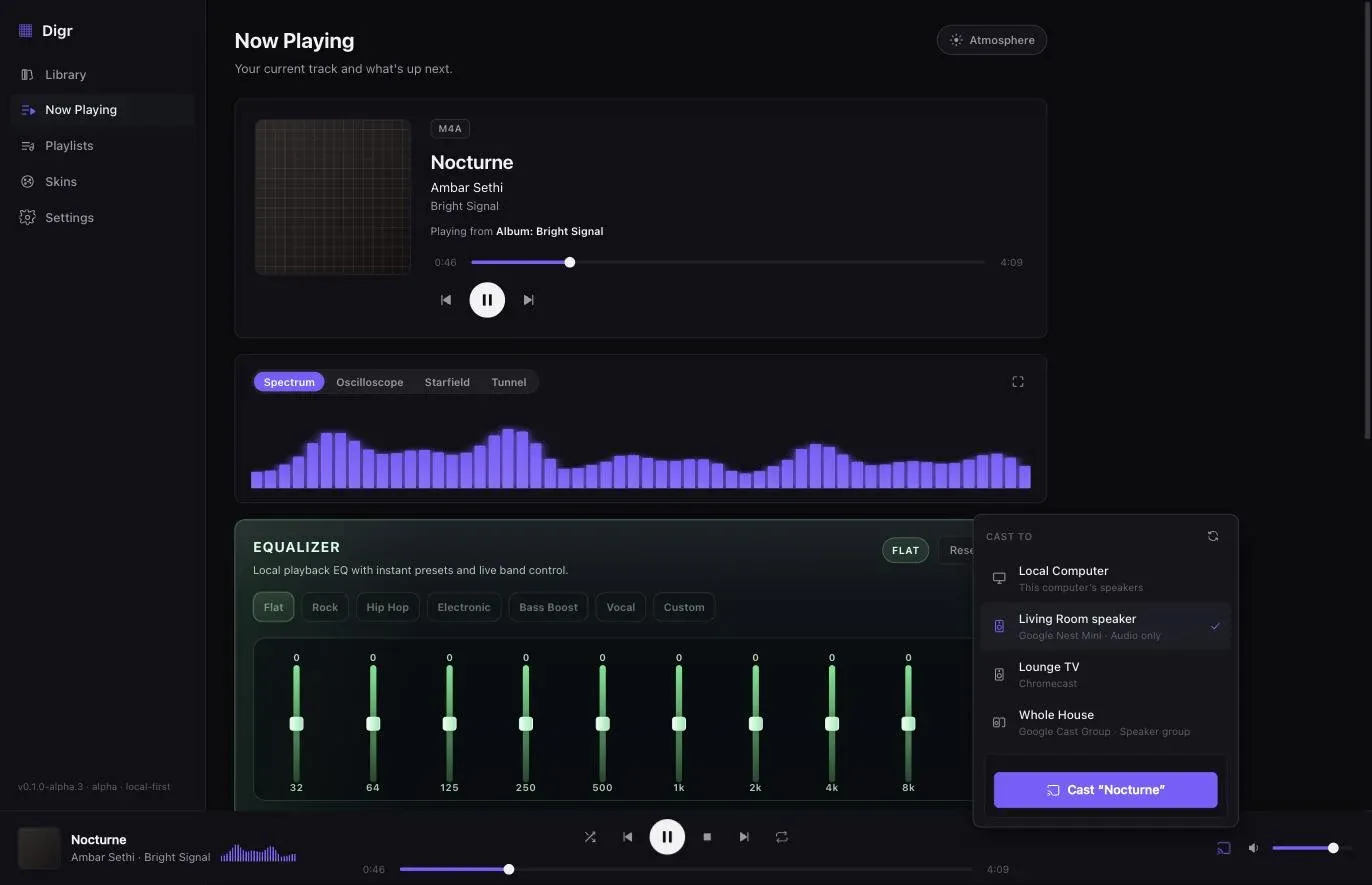 Digr’s cast menu open over the Now Playing view, listing Local Computer, a Google Nest Mini named Living Room speaker, a Chromecast named Lounge TV, and a Google Cast speaker group named Whole House.