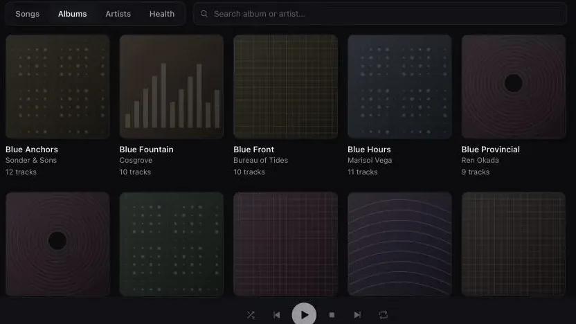 A macOS music library window with Songs, Albums, Artists and Health tabs above a search field and a grid of album covers, and a transport bar along the bottom.