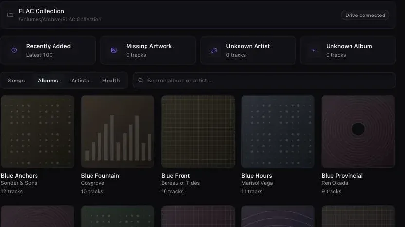 A watched folder marked Drive connected above four library health tiles — Recently Added, Missing Artwork, Unknown Artist and Unknown Album — with a Health tab beside Songs, Albums and Artists.