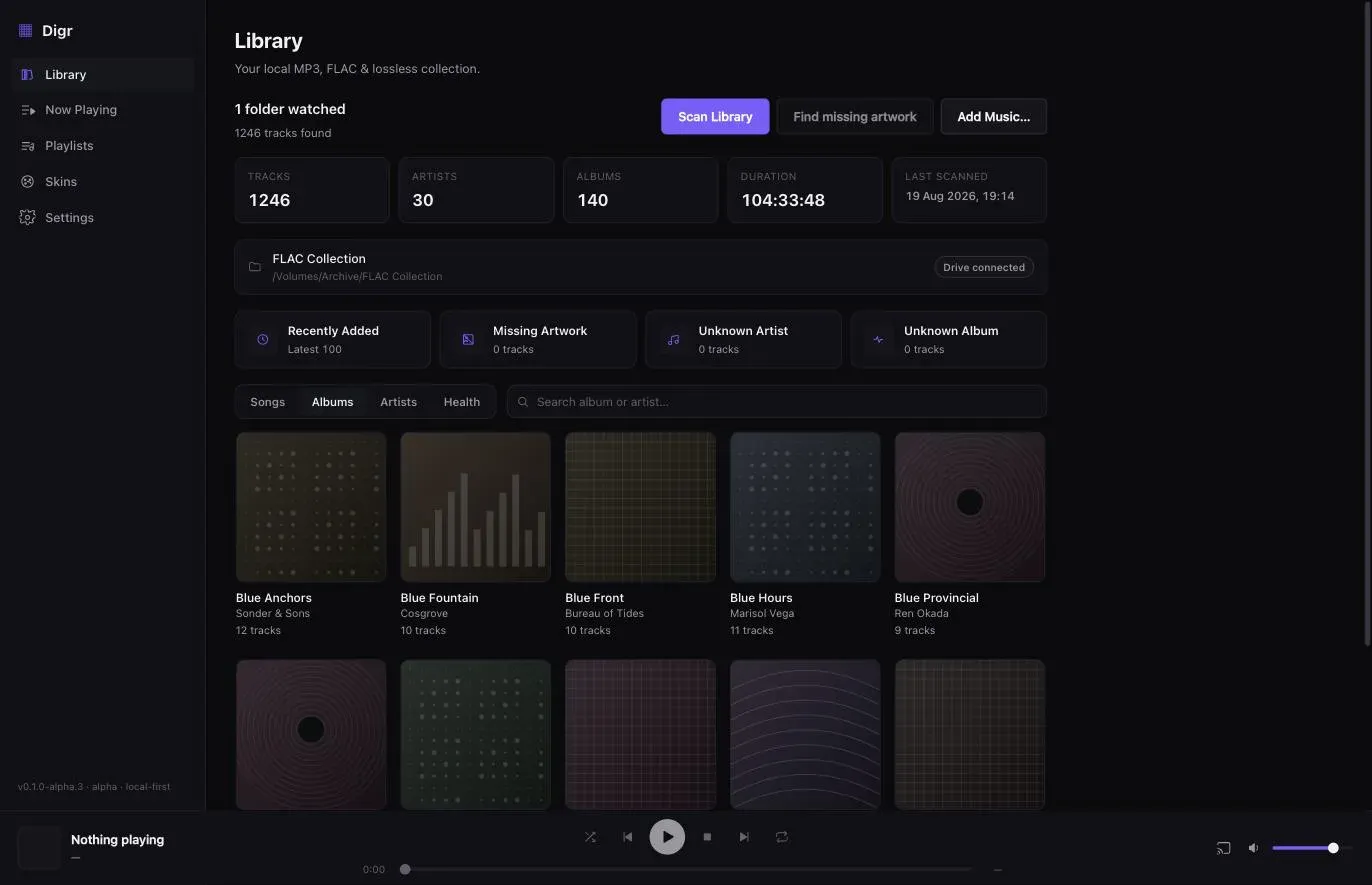 The Digr library window with a sidebar of five items, counters reading 1246 tracks, 30 artists, 140 albums and 104 hours, a watched folder marked Drive connected, and a grid of album covers.