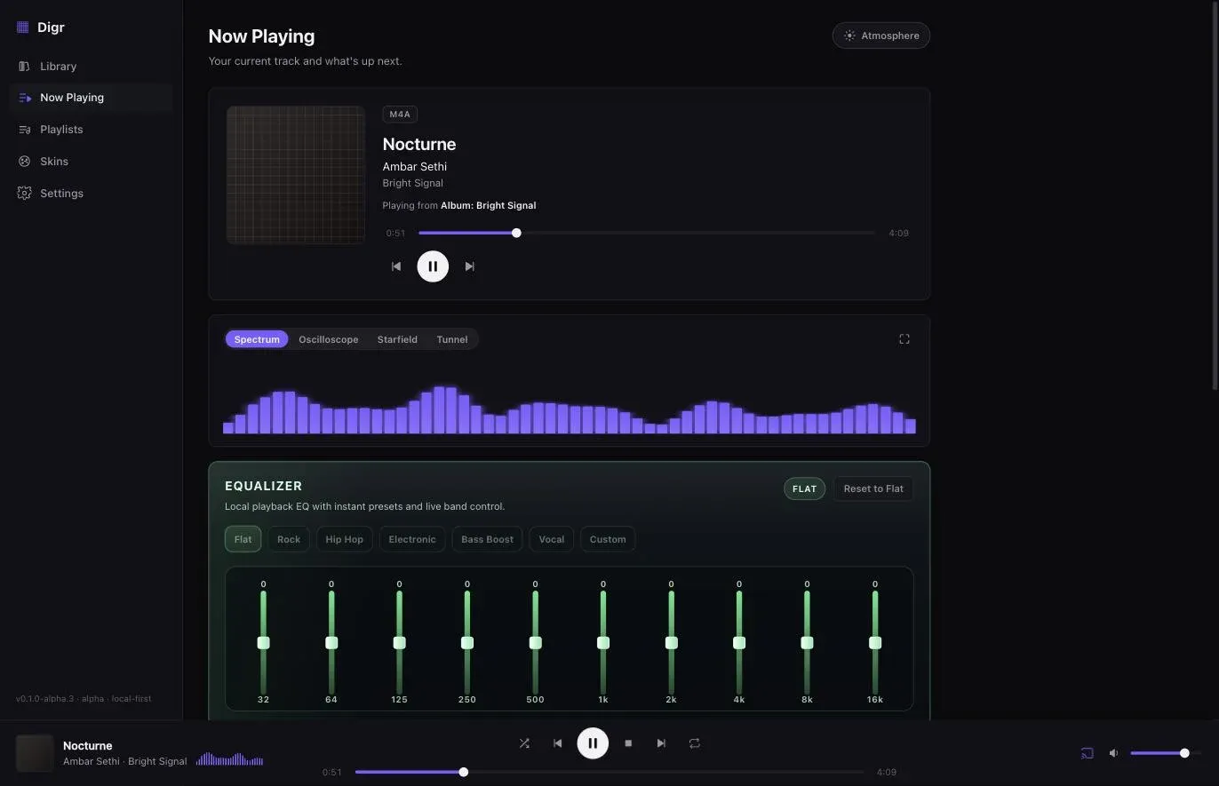 Digr playing a track, with a small M4A badge above the title, an artwork panel, a transport bar and a spectrum display below it.