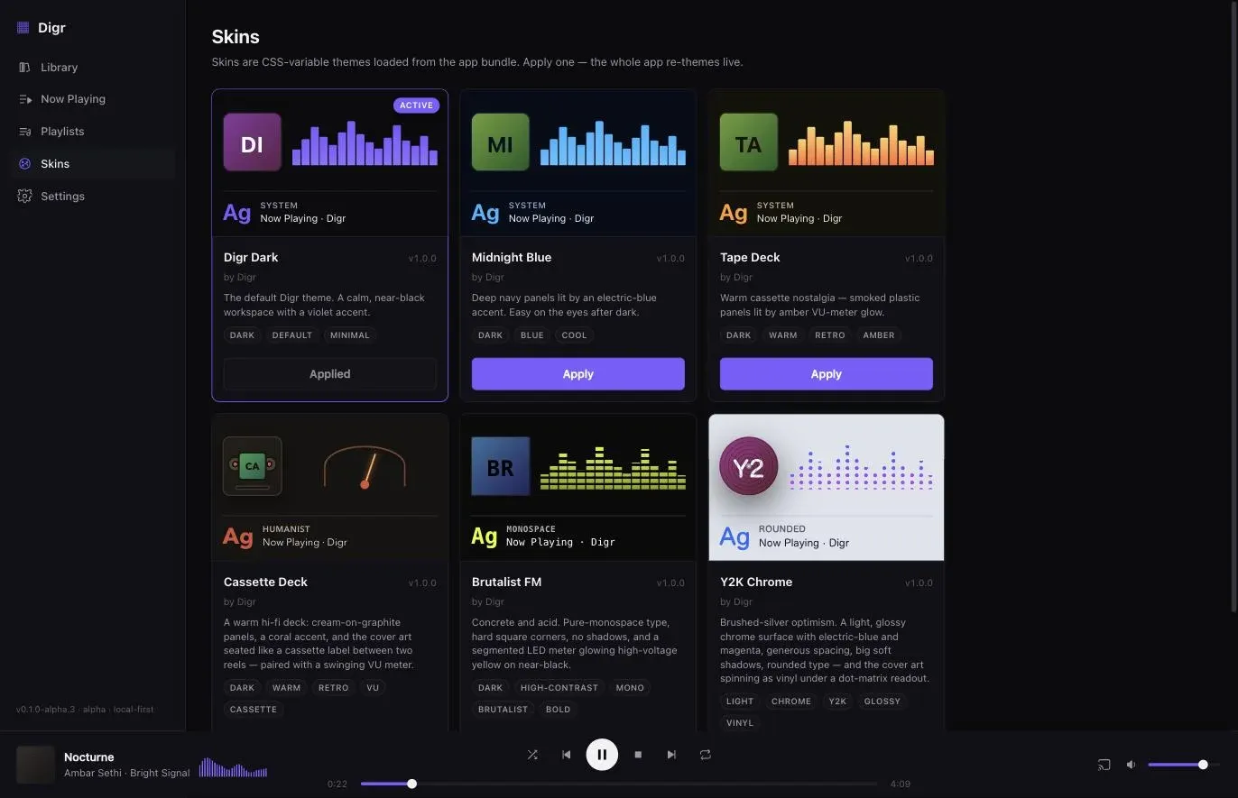 Digr’s skin picker showing six preview tiles labelled Digr Dark, Midnight Blue, Tape Deck, Cassette Deck, Brutalist FM and Y2K Chrome.