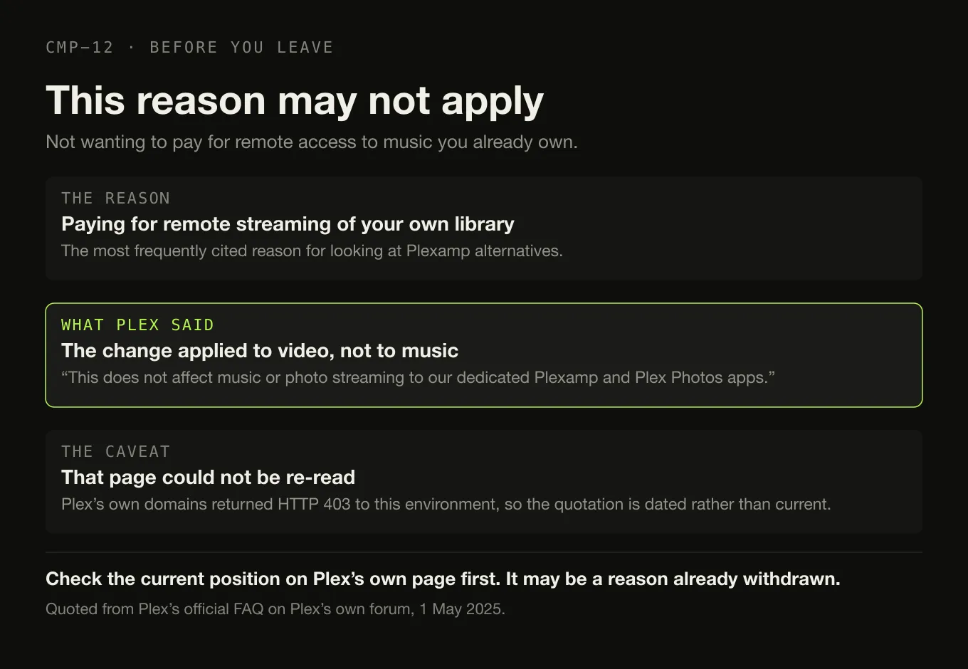 Three panels: the reason people give for leaving Plexamp, the statement Plex made about it in May 2025, and the fact that the page could not be re-read.