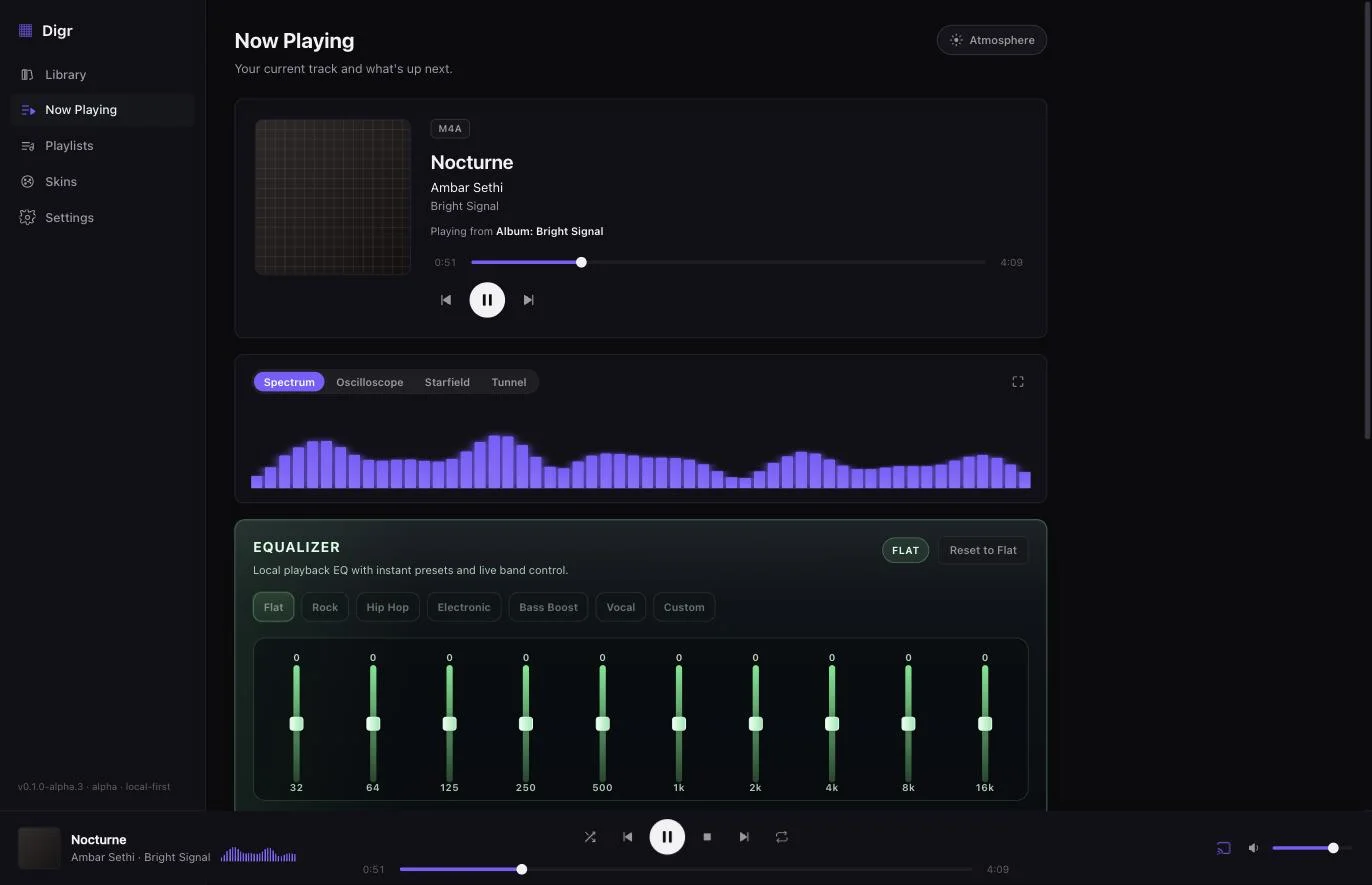 Digr running on macOS: a sidebar listing Library, Now Playing, Playlists, Skins and Settings; the Now Playing view showing album art, the track Nocturne by Ambar Sethi tagged M4A, a transport with scrubber, a live spectrum visualiser and a ten-band equaliser.