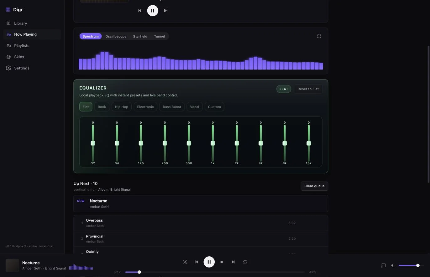 Digr's Now Playing view scrolled down: the spectrum visualiser with Oscilloscope, Starfield and Tunnel alongside it; the ten-band equaliser from 32 Hz to 16 kHz with Flat, Rock, Hip Hop, Electronic, Bass Boost, Vocal and Custom presets; and an Up Next queue of ten tracks continuing from an album.